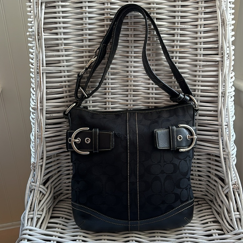 COACH Soho Black Signature Jacquard Slim Shoulder Duffle Bag